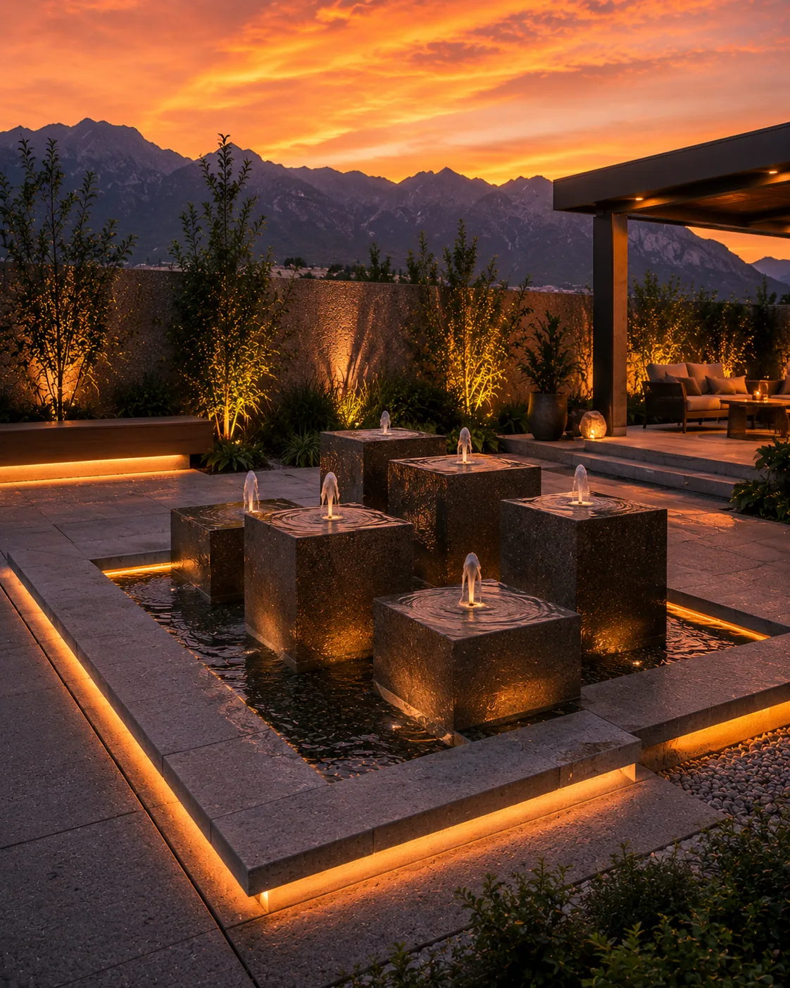 Fuente escultural minimalista de acero corten con iluminación