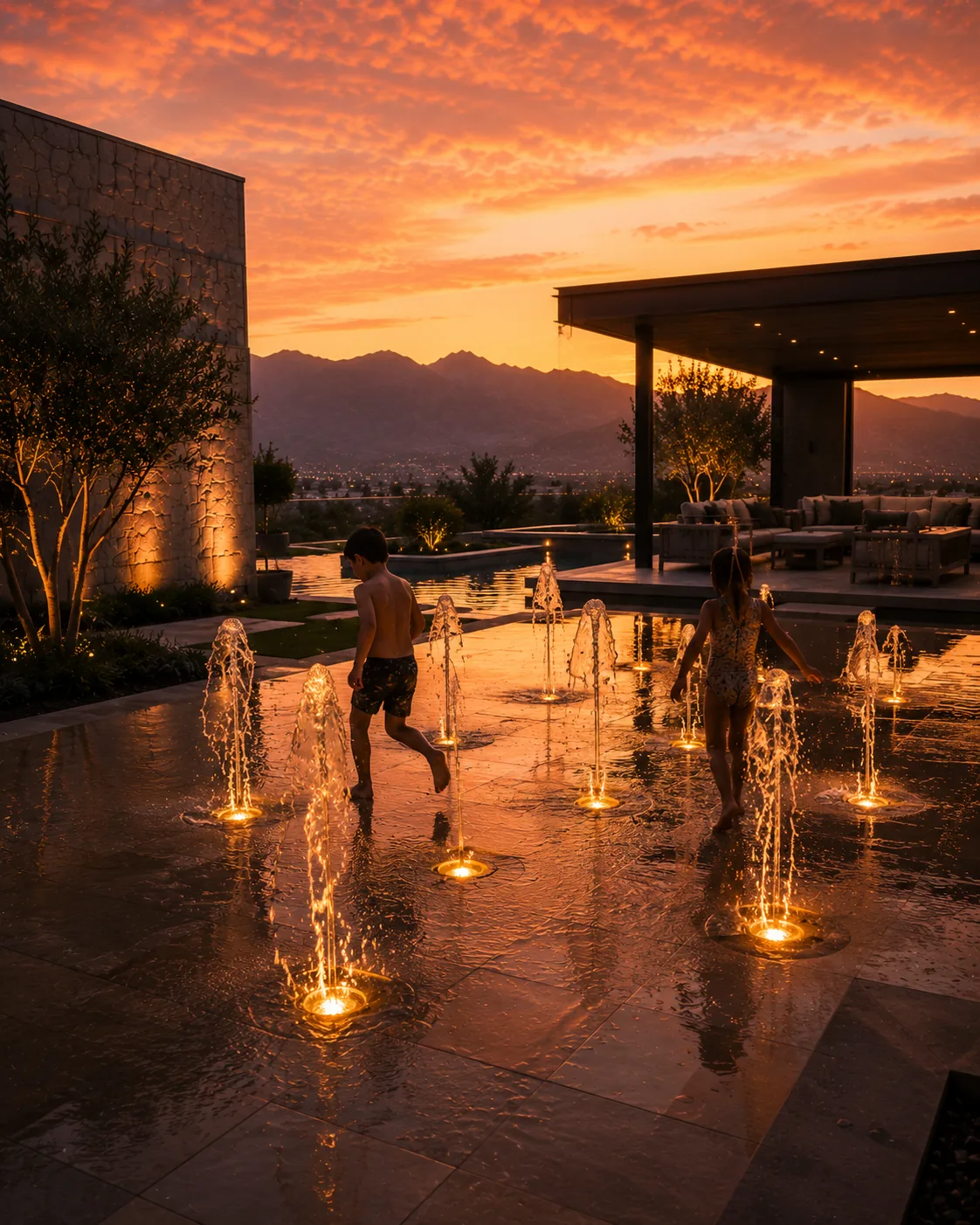 Splash pad familiar con chorros interactivos de piso al atardecer