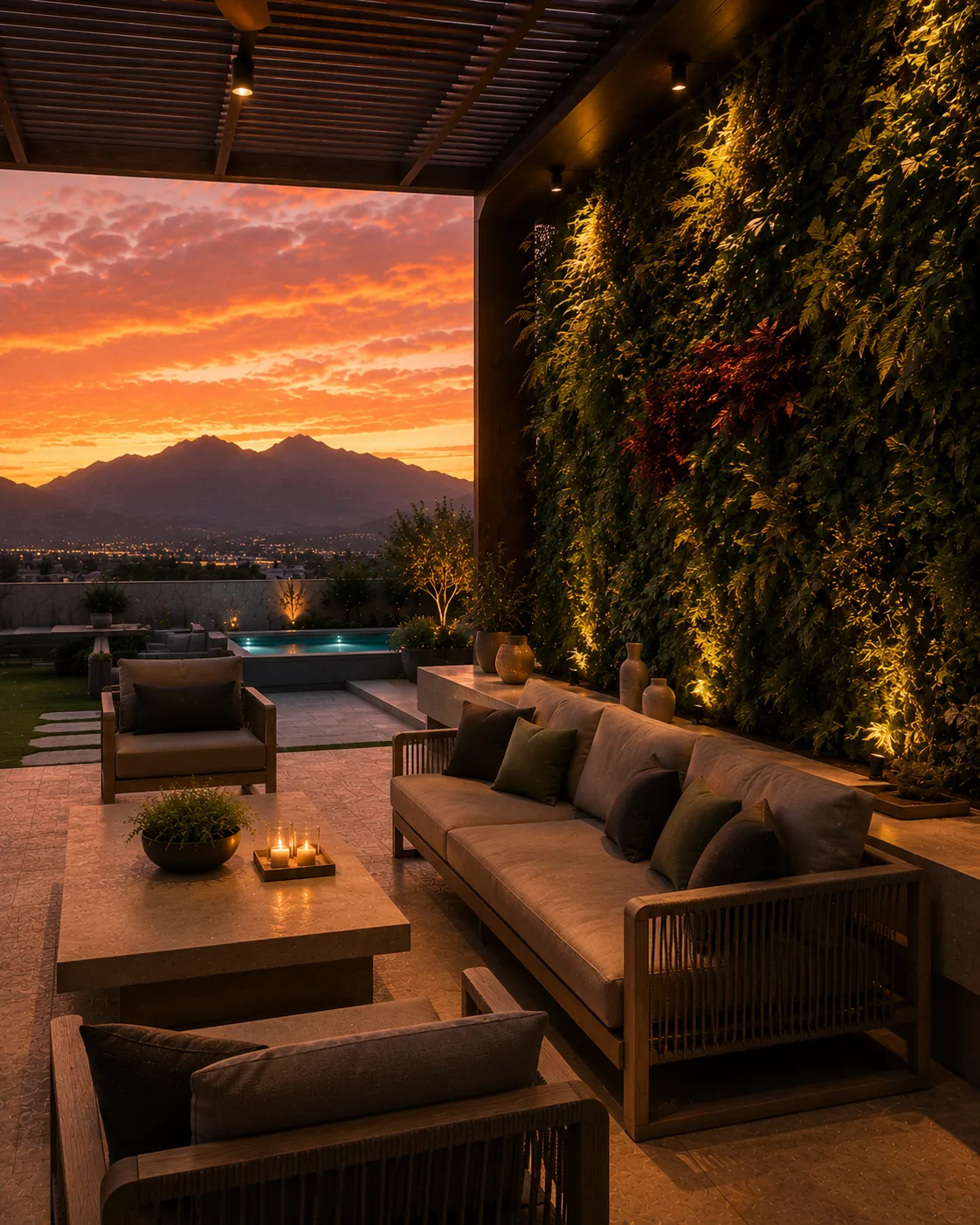 Terraza con jardín vertical y lounge de diseño, proyecto Akuatico