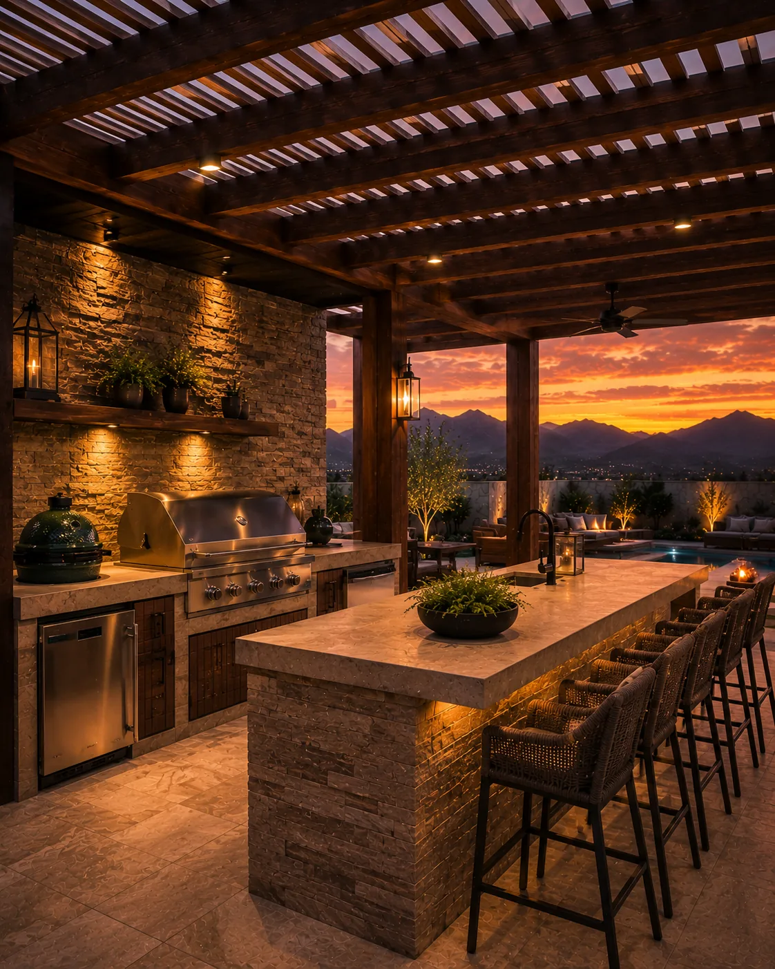 Terraza de lujo con pérgola de madera y vista panorámica
