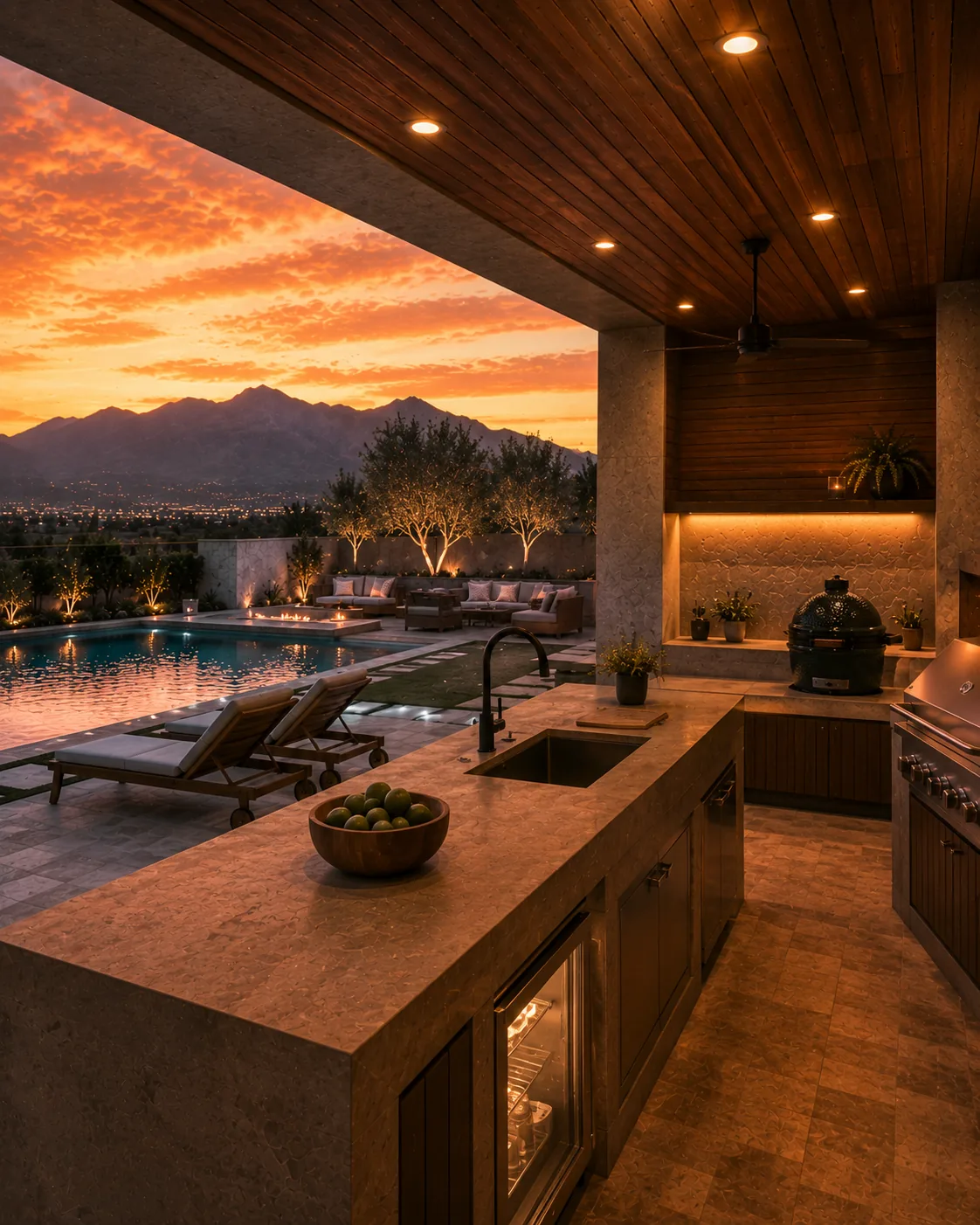 Cocina exterior con isla de asador y barra junto a la alberca