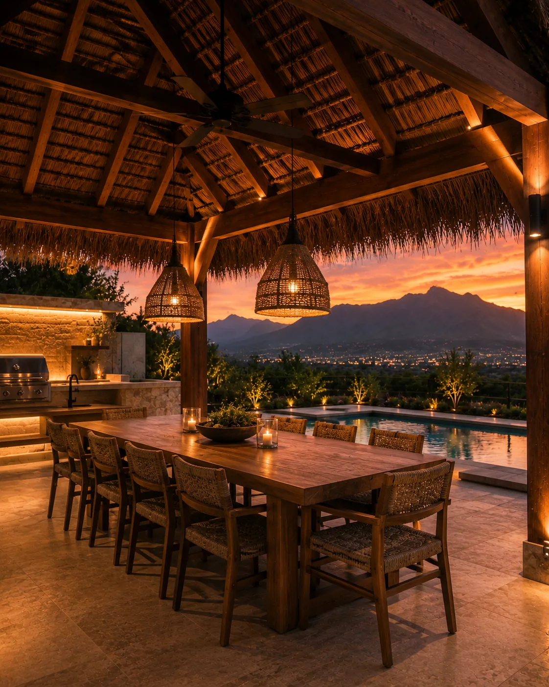 Palapa con comedor y vista a la sierra de Monterrey
