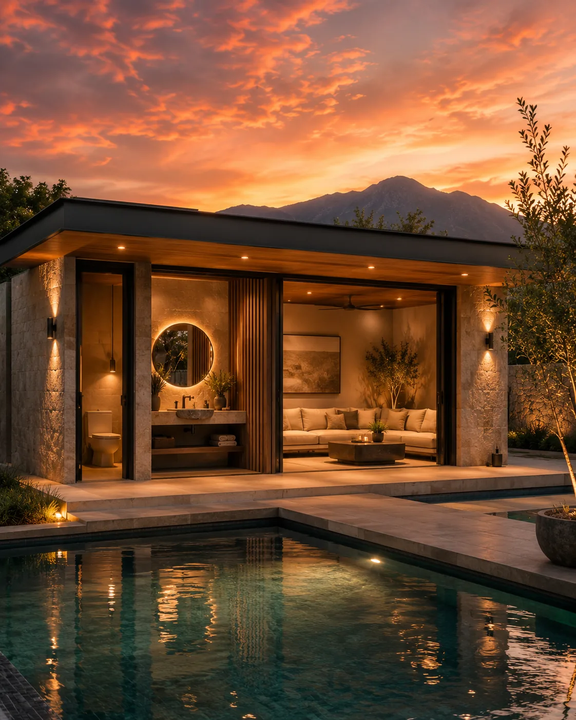 Pool house con vestidor y regadera exterior junto a la alberca