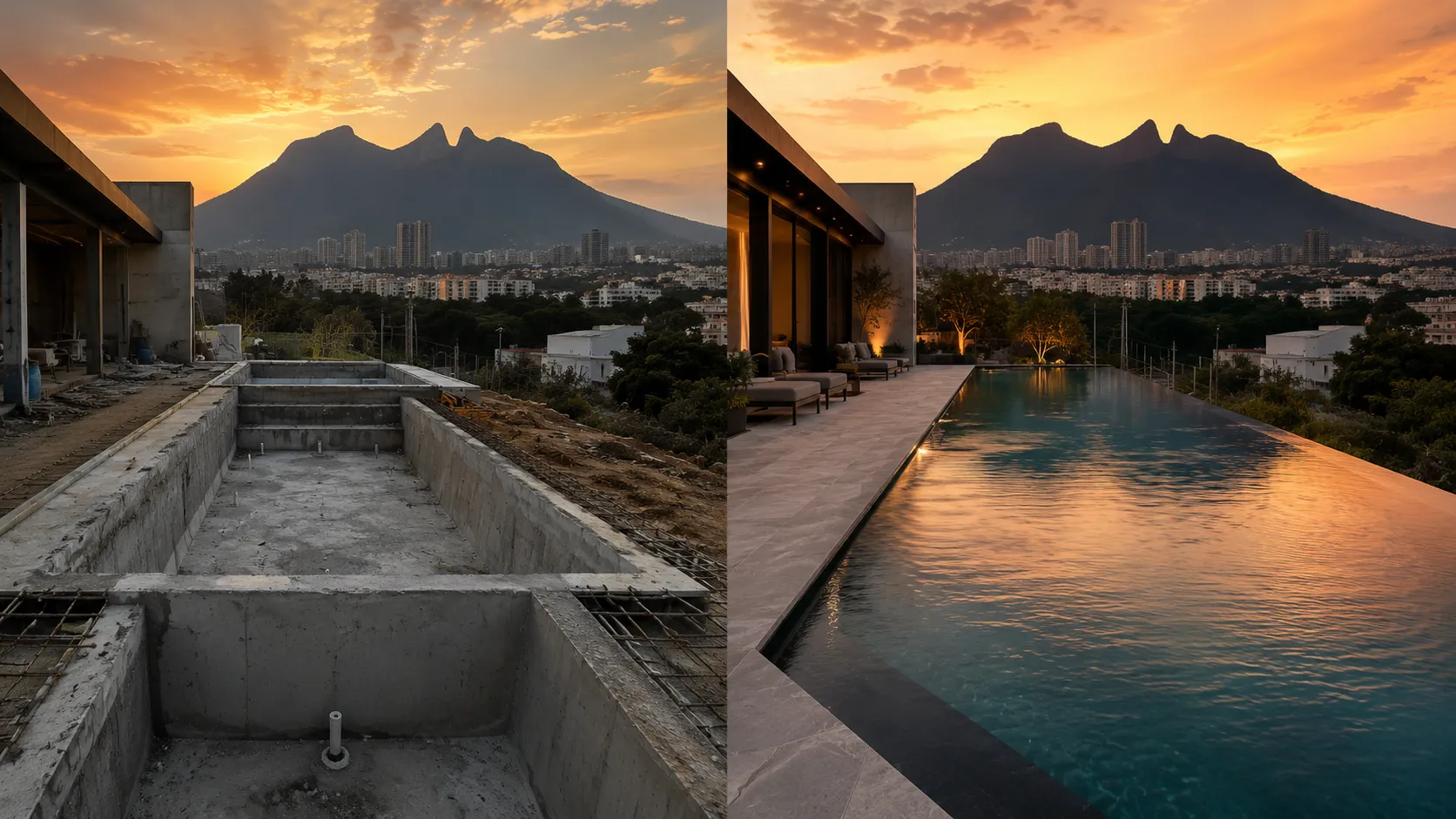 Alberca infinity de lujo al atardecer en Monterrey