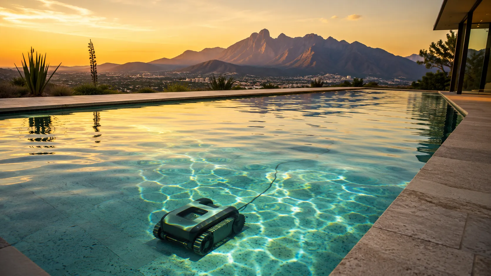 Alberca de lujo perfectamente limpia en Monterrey al atardecer