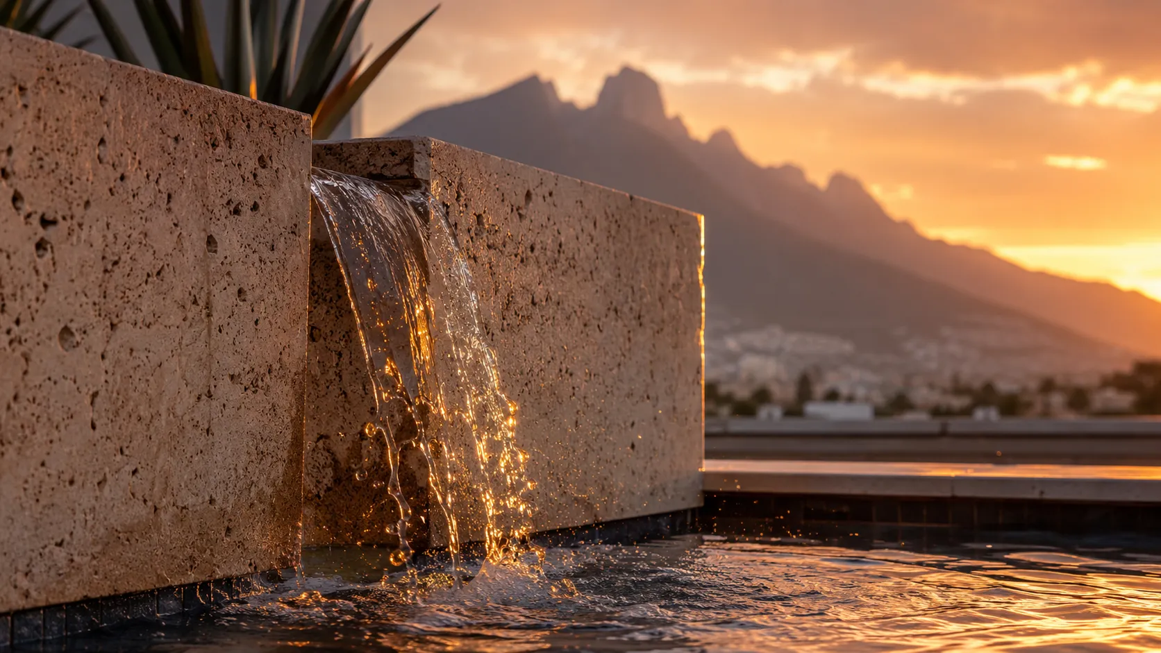 Fuente de agua junto a alberca de lujo en Monterrey