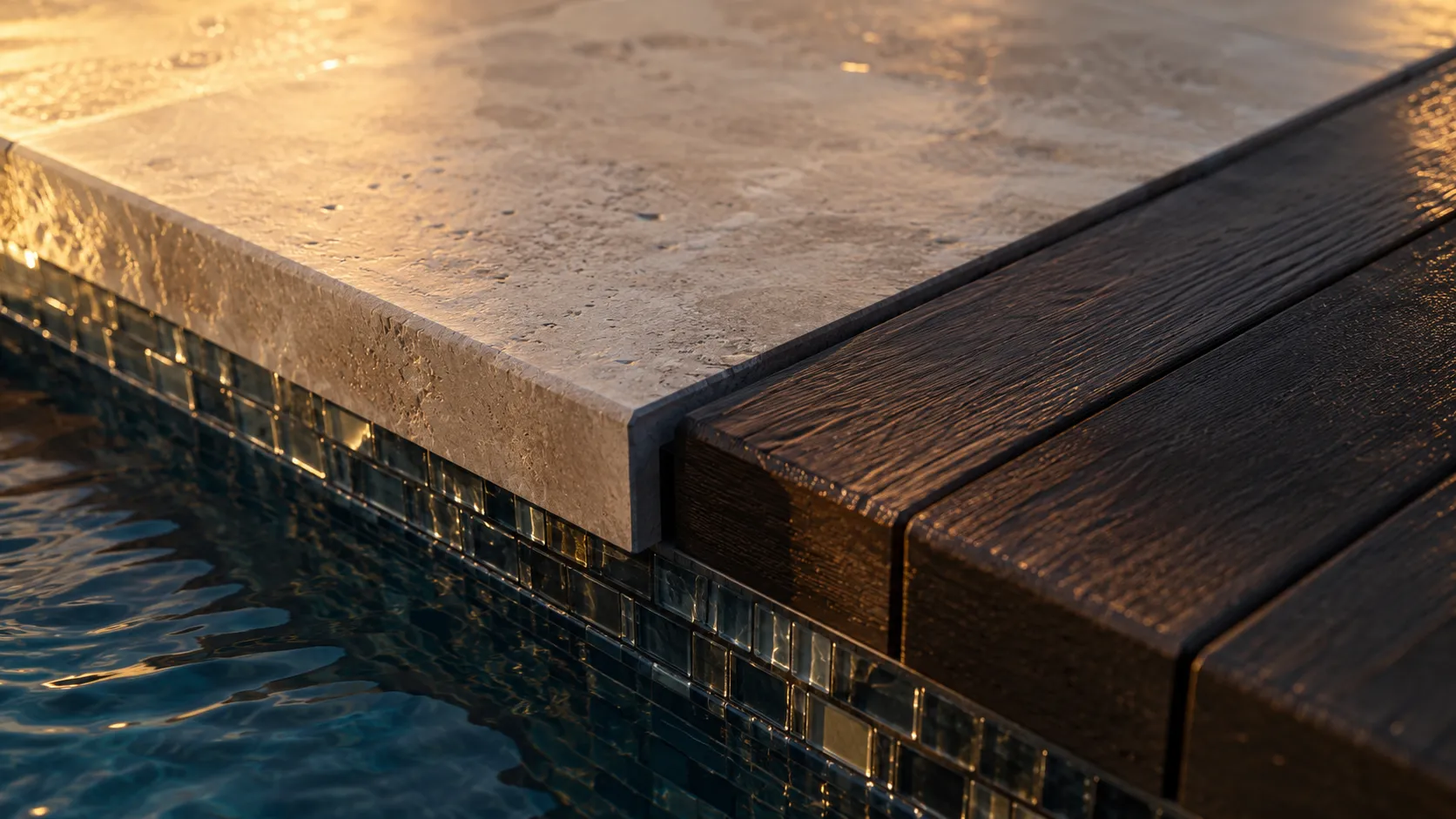 Acabados de piedra natural y deck de madera en alberca de lujo