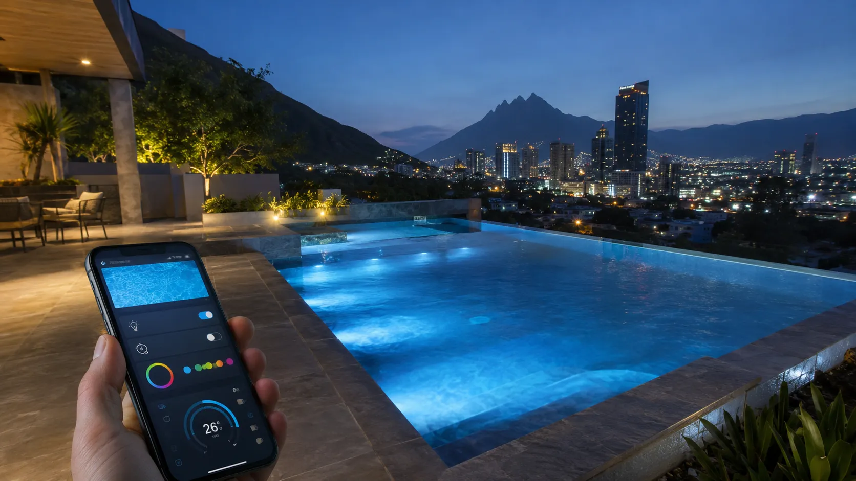 Alberca de lujo con iluminación automatizada al atardecer