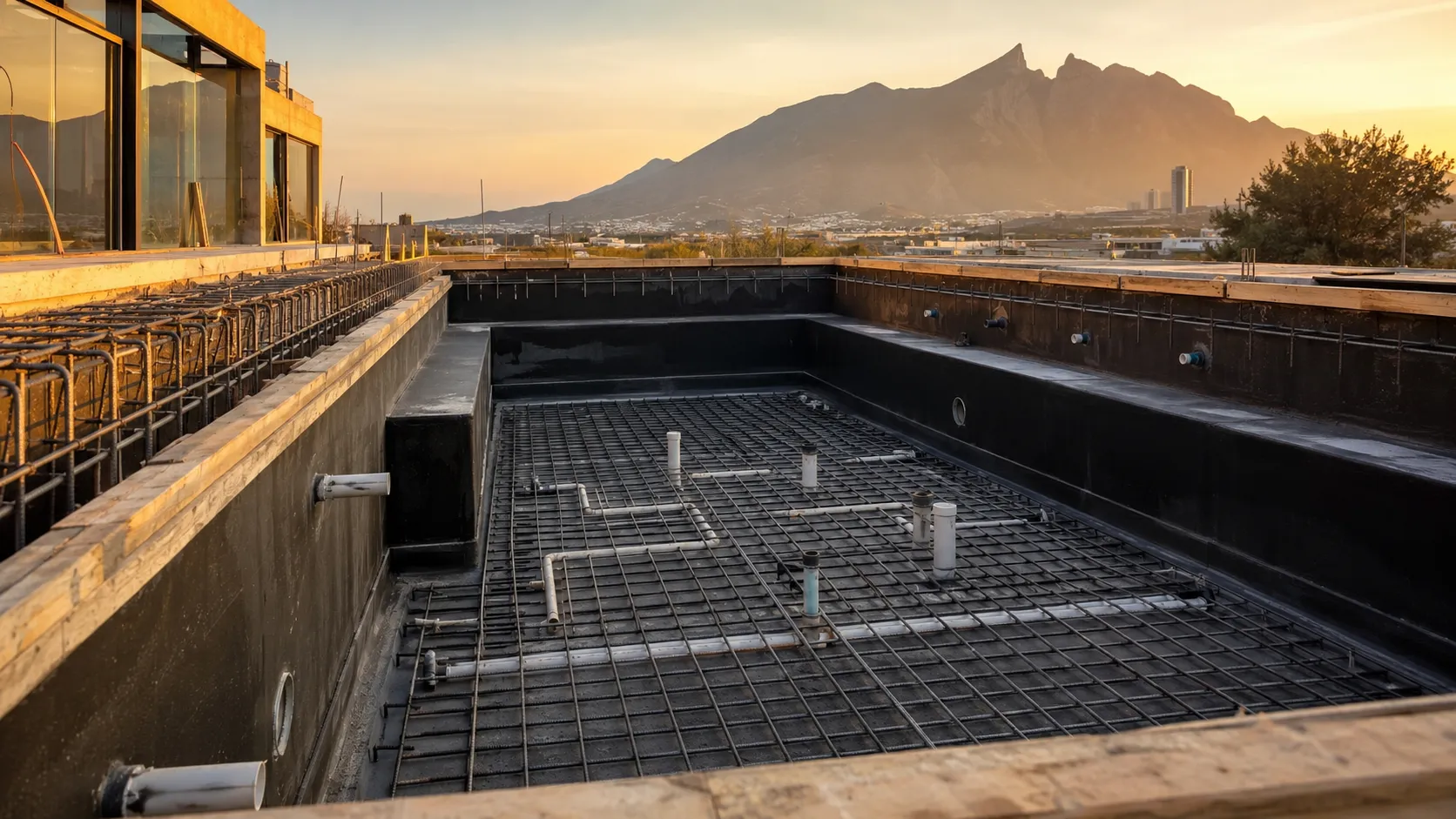 Construcción cuidada de alberca de lujo con vista a la sierra